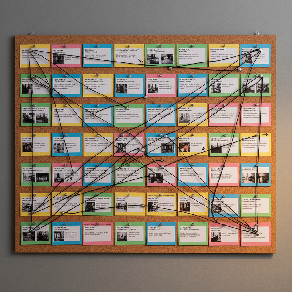 A close-up of a meticulously organized storyboard pinned to a large corkboard, filled with color-coded index cards. Each card shows neatly typed scene headings, brief plot summaries, and small printed location thumbnails. Thin black cotton string connects key plot points, forming a clear narrative structure. The board hangs on a neutral gray wall in a quiet office. Warm desk-lamp light from the lower right creates dramatic, directional illumination, casting crisp shadows from the cards and pins, enhancing texture and depth. Captured straight on with sharp focus across the entire board, the photographic realism highlights the precision and planning behind professional fiction writing, conveying a mood of methodical creativity and structured storytelling.