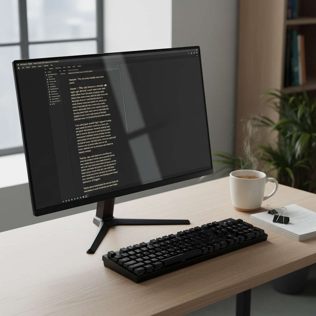 A minimalist writing nook featuring a matte-black mechanical keyboard and a large, frameless monitor displaying a clean text editor filled with neatly formatted paragraphs of fiction. The setup rests on a pale oak desk with a single ceramic mug of tea beside a small stack of printed manuscripts clipped with metallic binder clips. Cool, overcast daylight streams in from the left, creating soft reflections on the monitor and subtle shadows beneath the keyboard. Photographed from a slightly elevated three-quarter angle, the composition follows the rule of thirds, emphasizing the screen’s legible text while the background fades into gentle blur. The mood is disciplined, contemplative, and highly professional, embodying a focused digital workspace for serious fiction writers and editors.